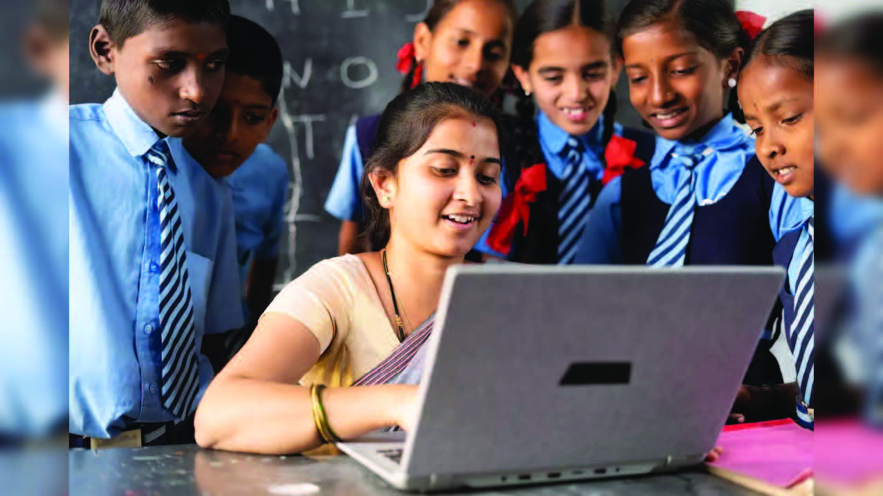 Teacher with students in a modern learning environment